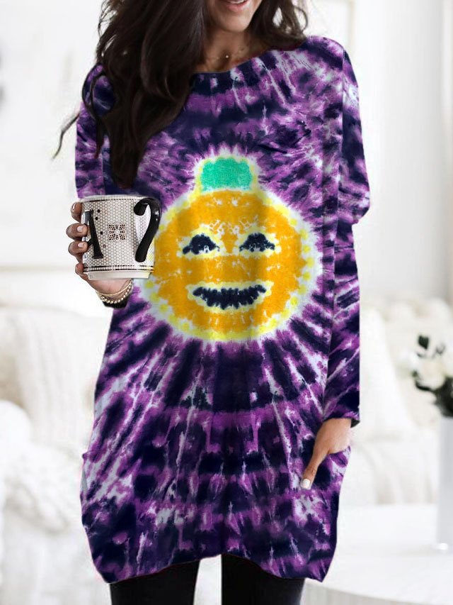 Women's Halloween Pumpkin Print Pocket Tie Dye T-Shirt