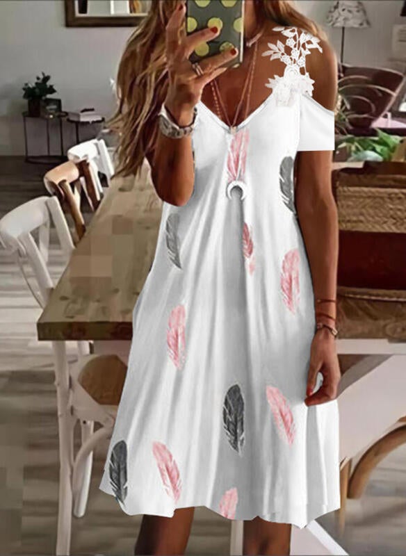 V-Neck Short Sleeves Cold Shoulder Sleeve Shift Above Knee Dress