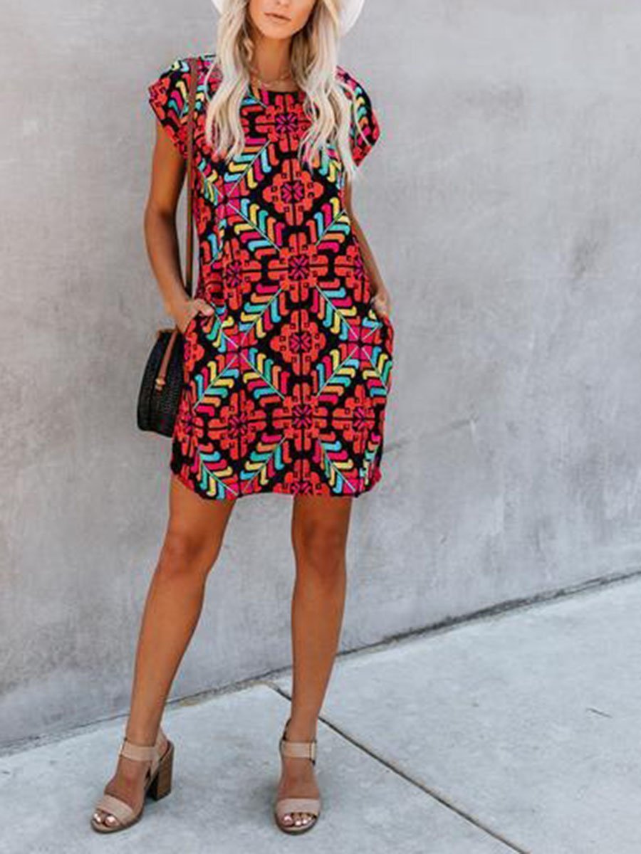 Vacation Style Round Neck  Floral Dress