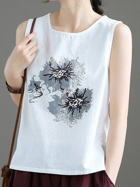 Ladies Cotton Linen Print Sleeveless Top