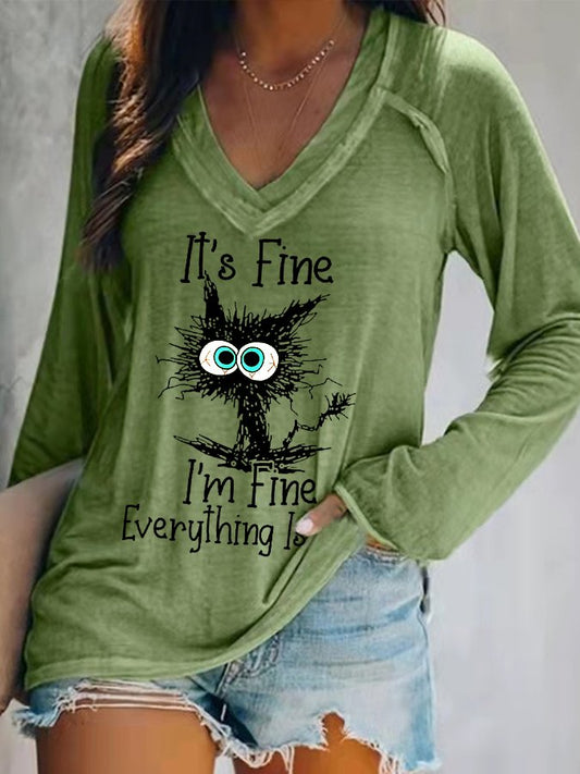 Women's It's Fine I'm Fine V-Neck Faith Letter Print T-shirt