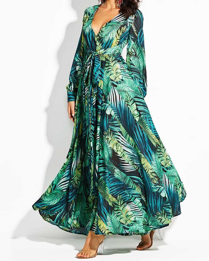 Green Leaf Print Maxi Dress