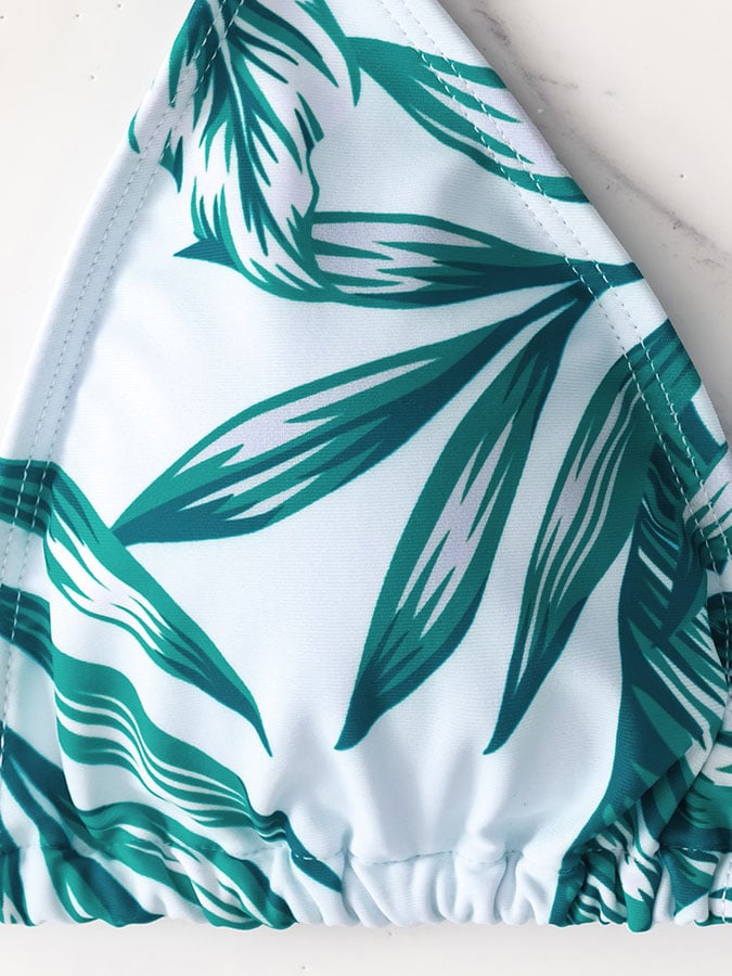 Three-piece bikini leaf print waist lace up long-sleeved beach sunscreen swimsuit