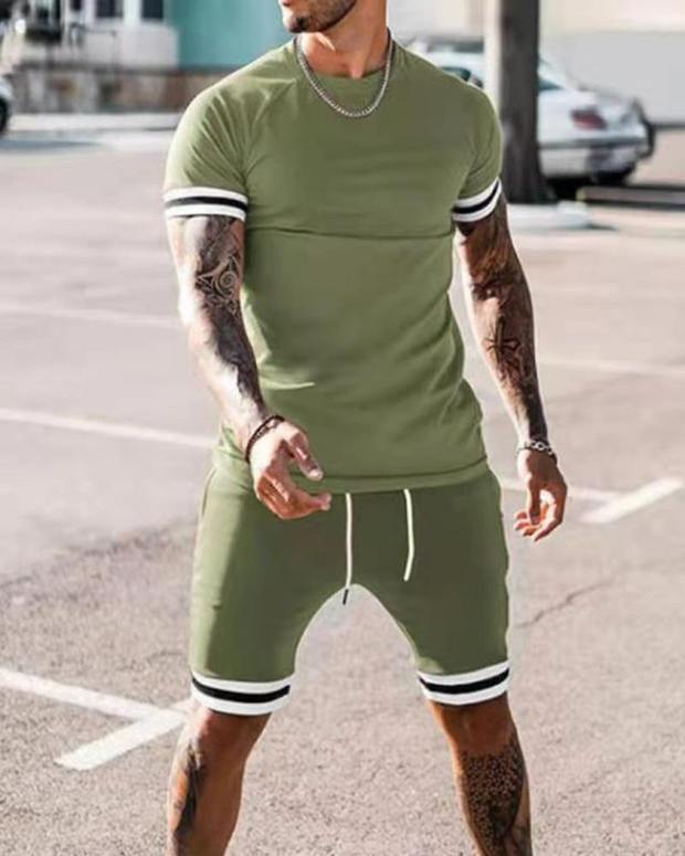 Black Crew Neck Striped Casual Short Suits