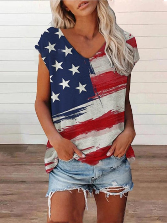 Women's American Flag Printed V-neck T-shirt