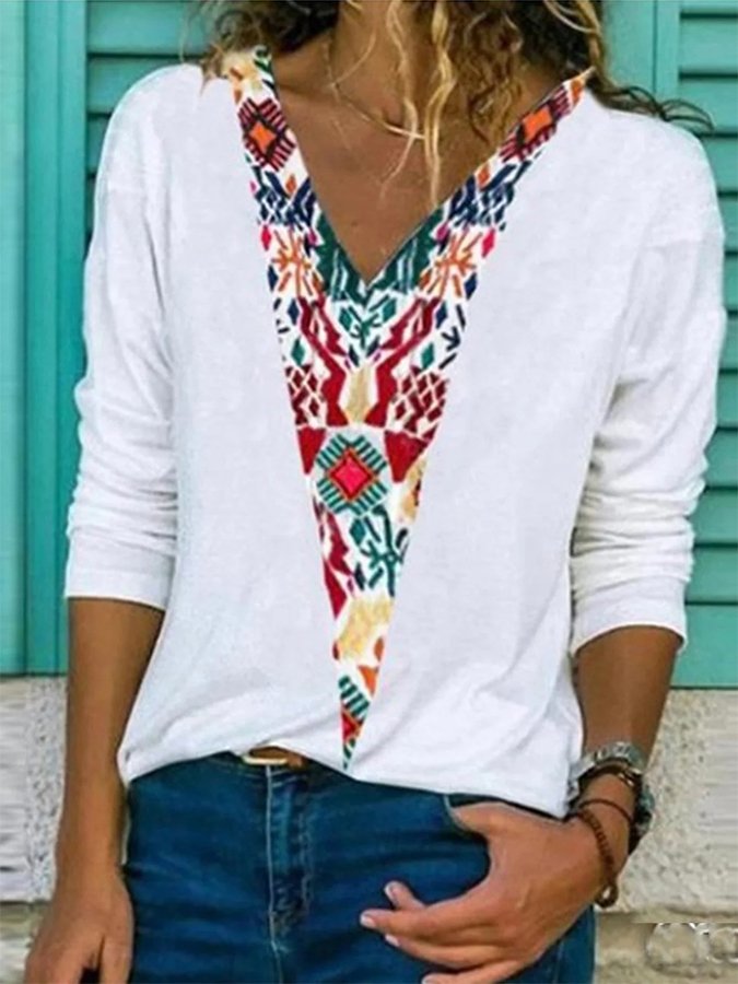 Ethnic Print V-Neck T-Shirt