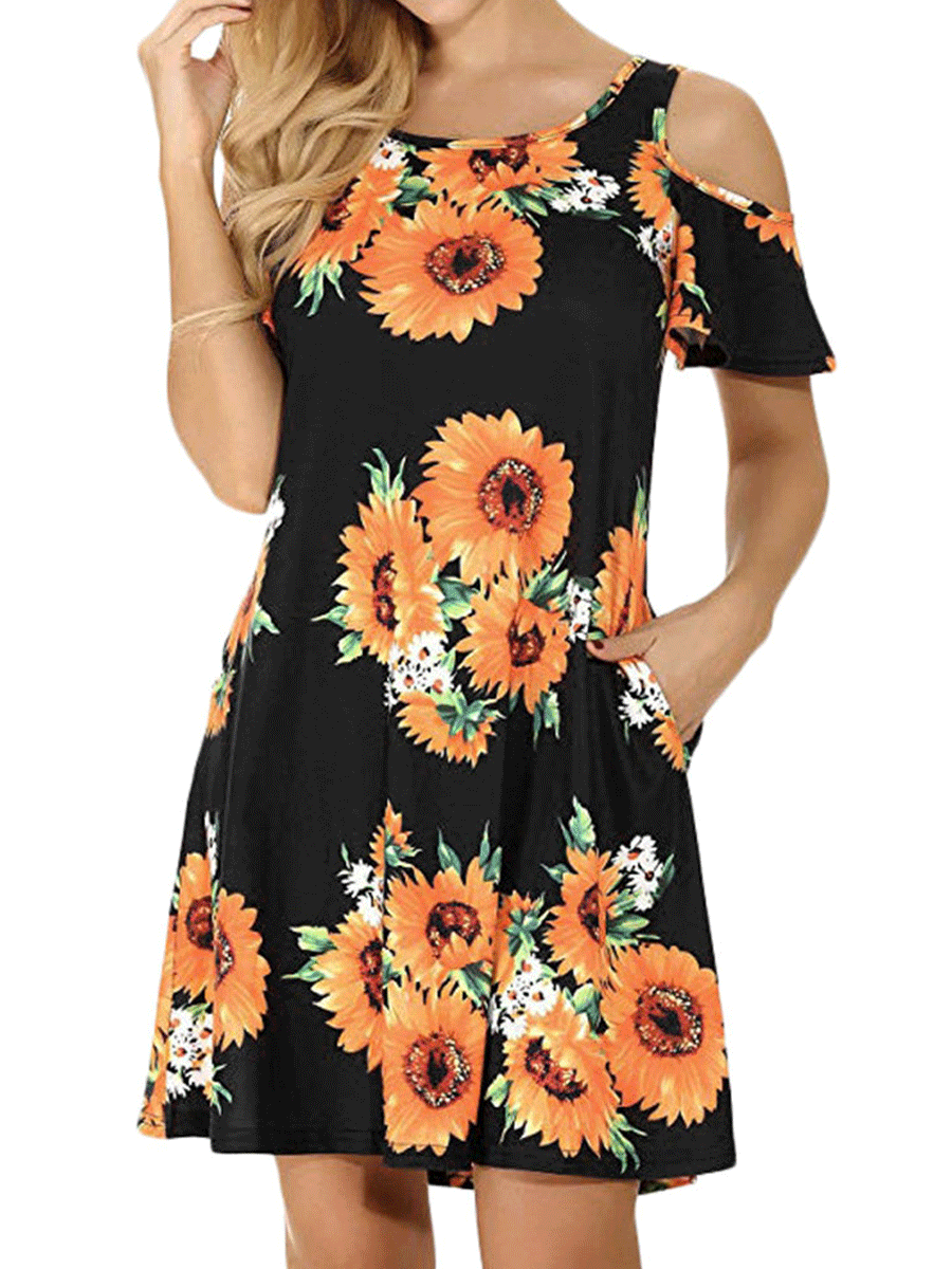 Sunflower Print Miss Shoulder Dress