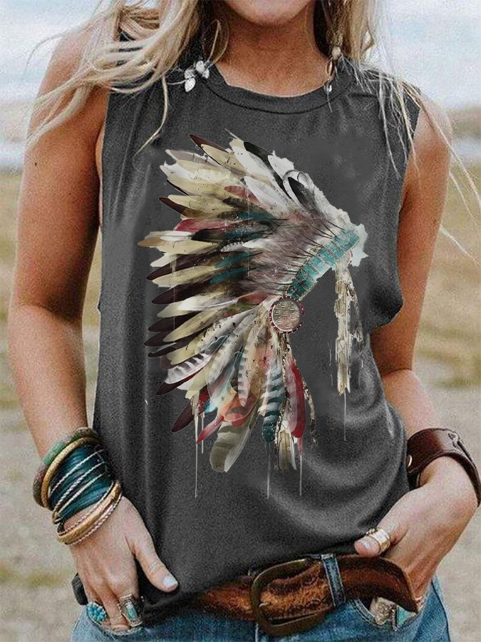 Western Feather Print Loose Tank Top