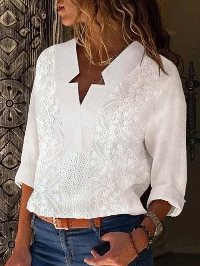 Women's Cotton Linen Lace Floral V Neck Shirt