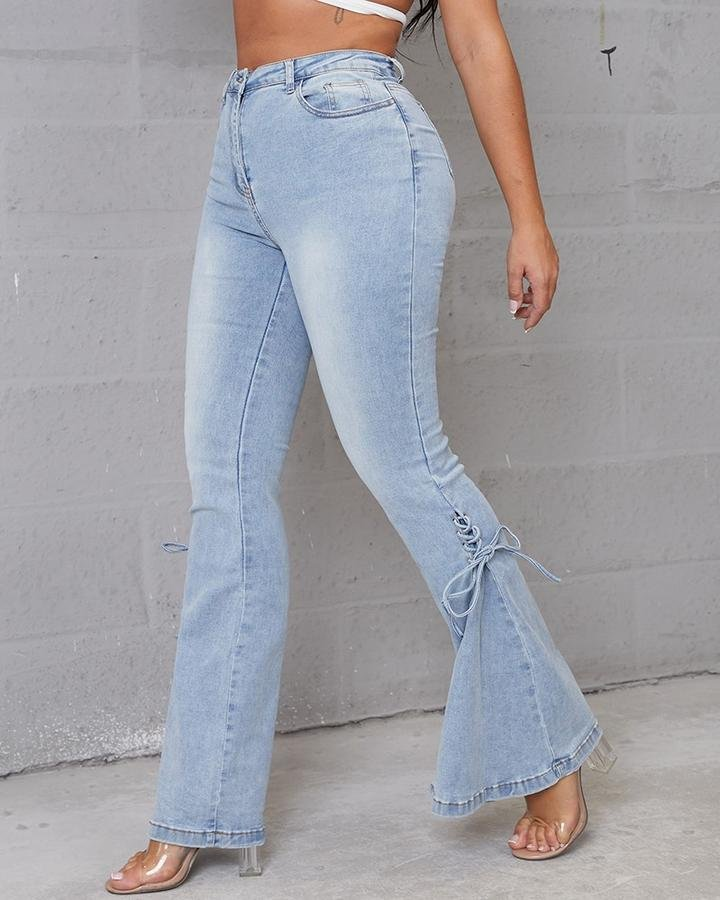 Plus Lace Up Side Pleated Flare Jeans