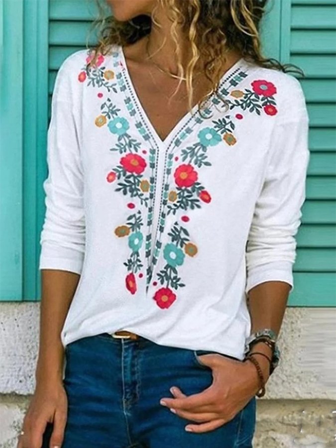 Ethnic Print V-Neck T-Shirt