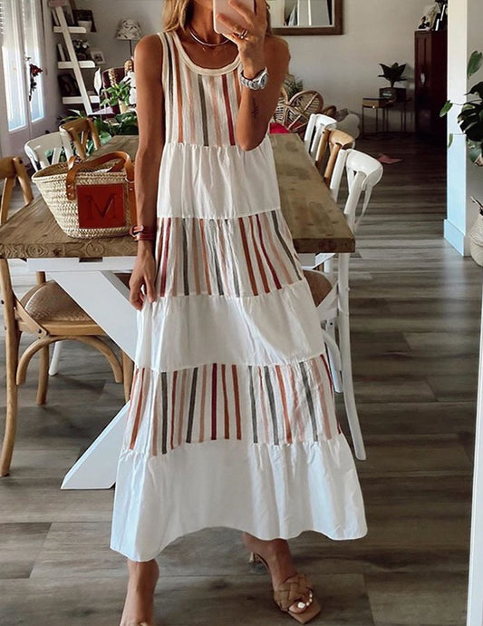 Women's Striped Crew Neck Sleeveless Patchwork Dress