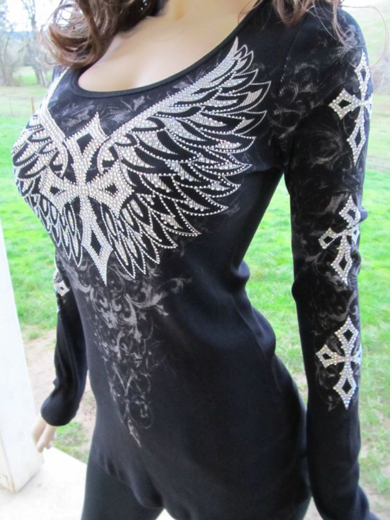 Rhinestone Round Neck Cross Wings Punk T-Shirt