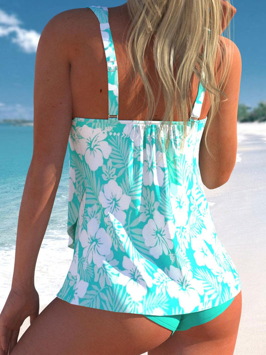 Floral Print Cyan Wide Strap Tankini Set