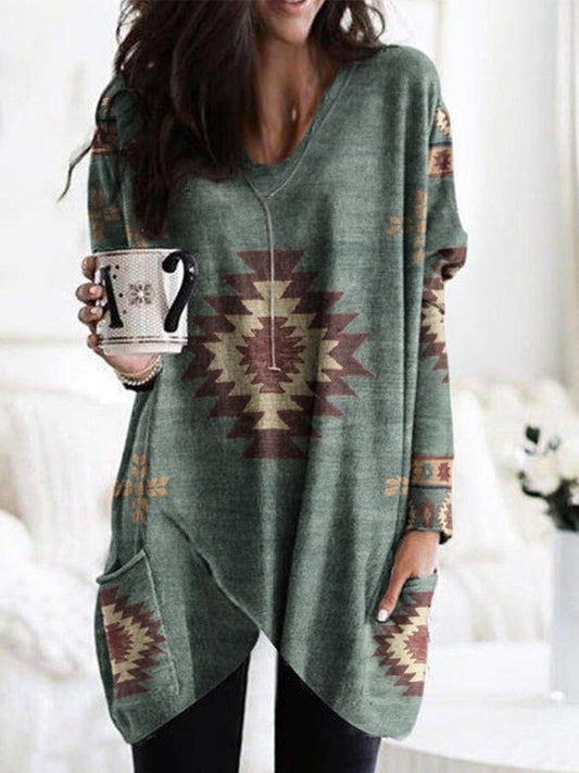 Ethnic Geometric Print Irregular Top