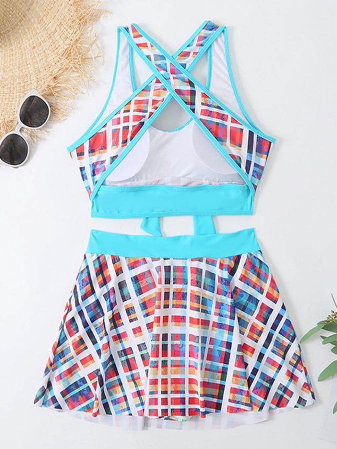 Women's Plaid Print Sexy Bikini Culottes Swimsuit
