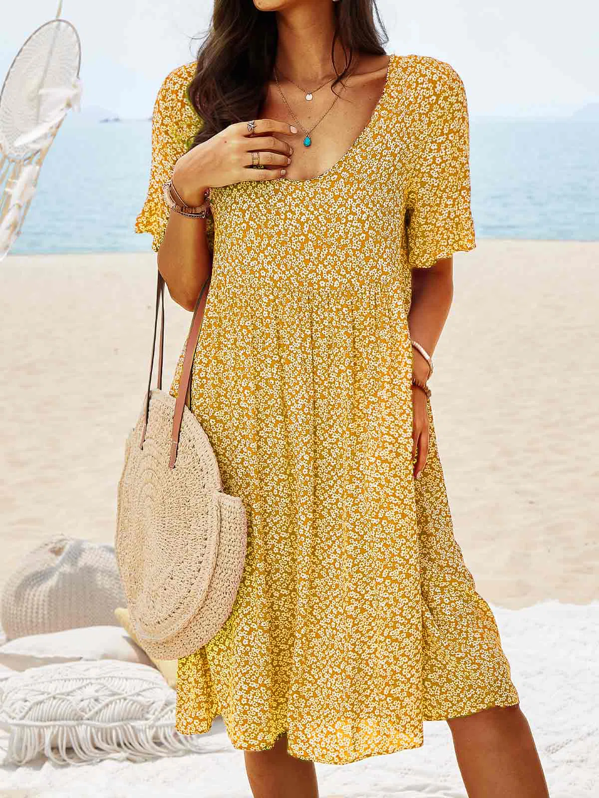 V Neck Floral Beach Vacation Casual Dresses