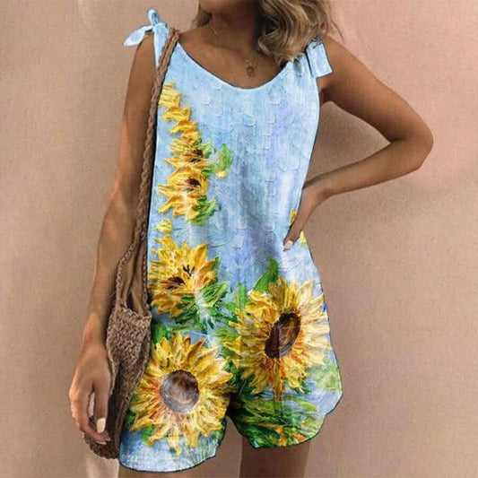 Women's Sunflower Printed Cotton Linen Jumpsuit