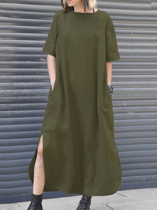 Ladies cotton and linen round neck casual dress