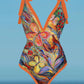 V-Neck Butterfly Art Print One-Piece Swimsuit Set