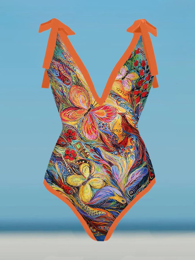 V-Neck Butterfly Art Print One-Piece Swimsuit Set