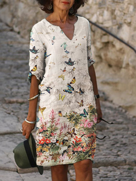 Women&#039;s Cotton Linen Painting Printed V-neck Straight Dress