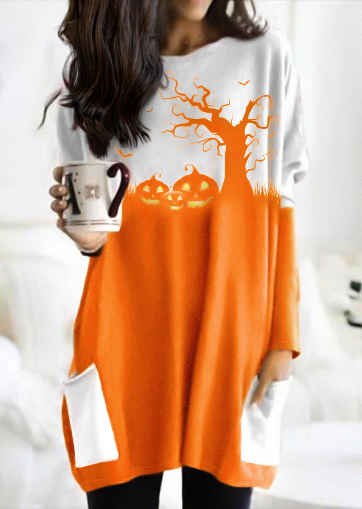 Halloween Pumpkin Face Pocket Mini Dress - Orange