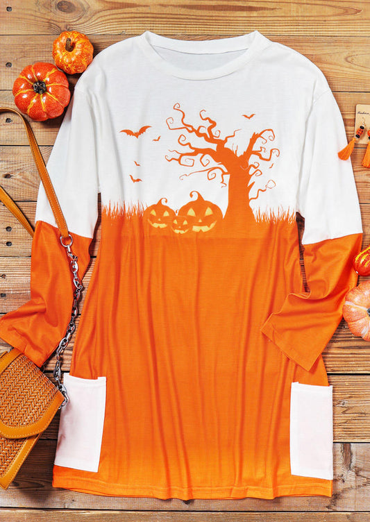 Halloween Pumpkin Face Pocket Mini Dress - Orange