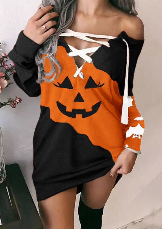 Halloween Pumpkin Face Lace Up Mini Dress - Orange