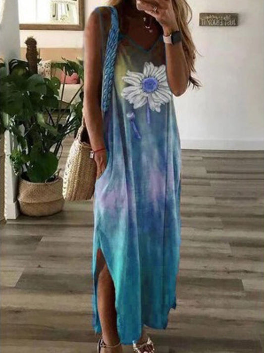 Tie-dye Flower Print Wide Loose Fork Dress