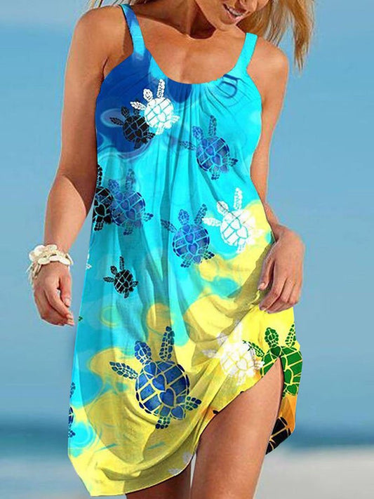 Fashion Crew Neck Sleeveless Turtle Print Dress