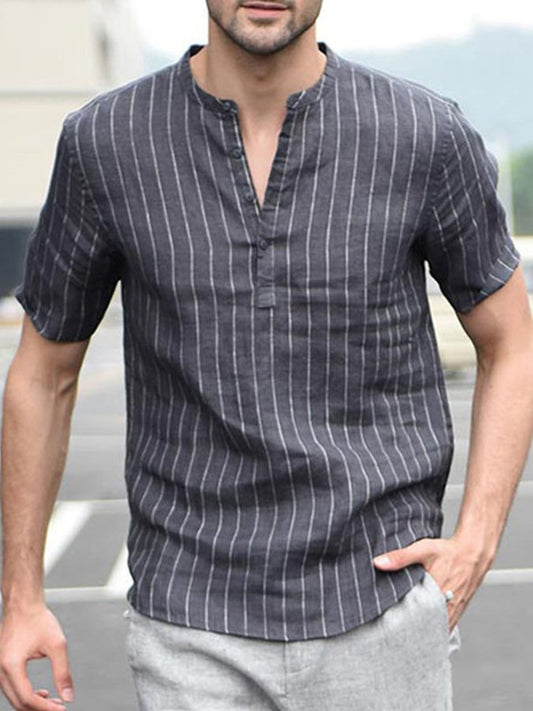 Men's Cotton Linen Striped Casual Stand Collar Pullover Shirt