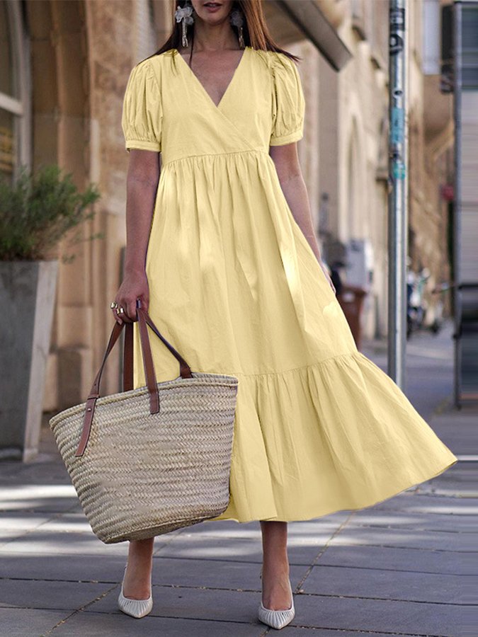 Women's Casual Solid Color V-Neck Large Swing Skirt