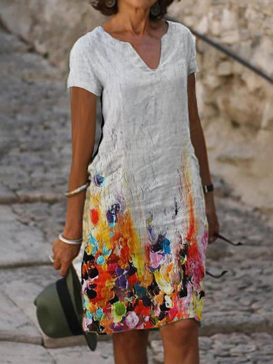 women's oil painting print v-neck dress