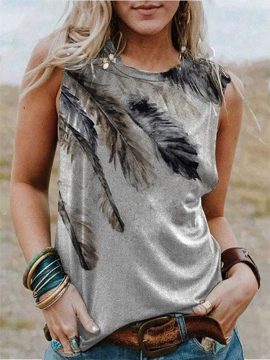 Western Feather V-Neck Sleeveless Tank Top