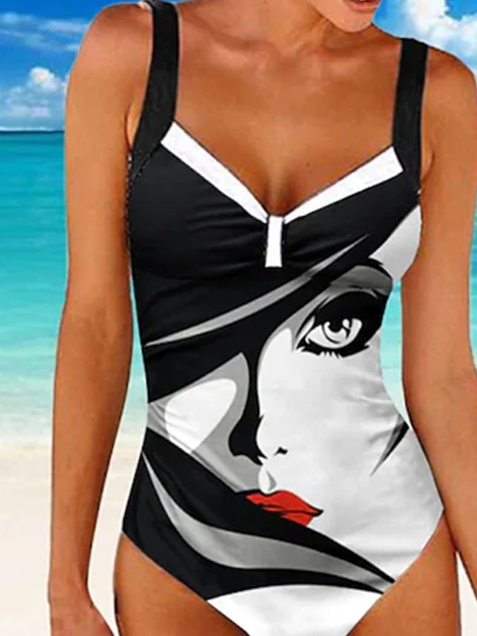 Abstract Face Art Print Swimsuit