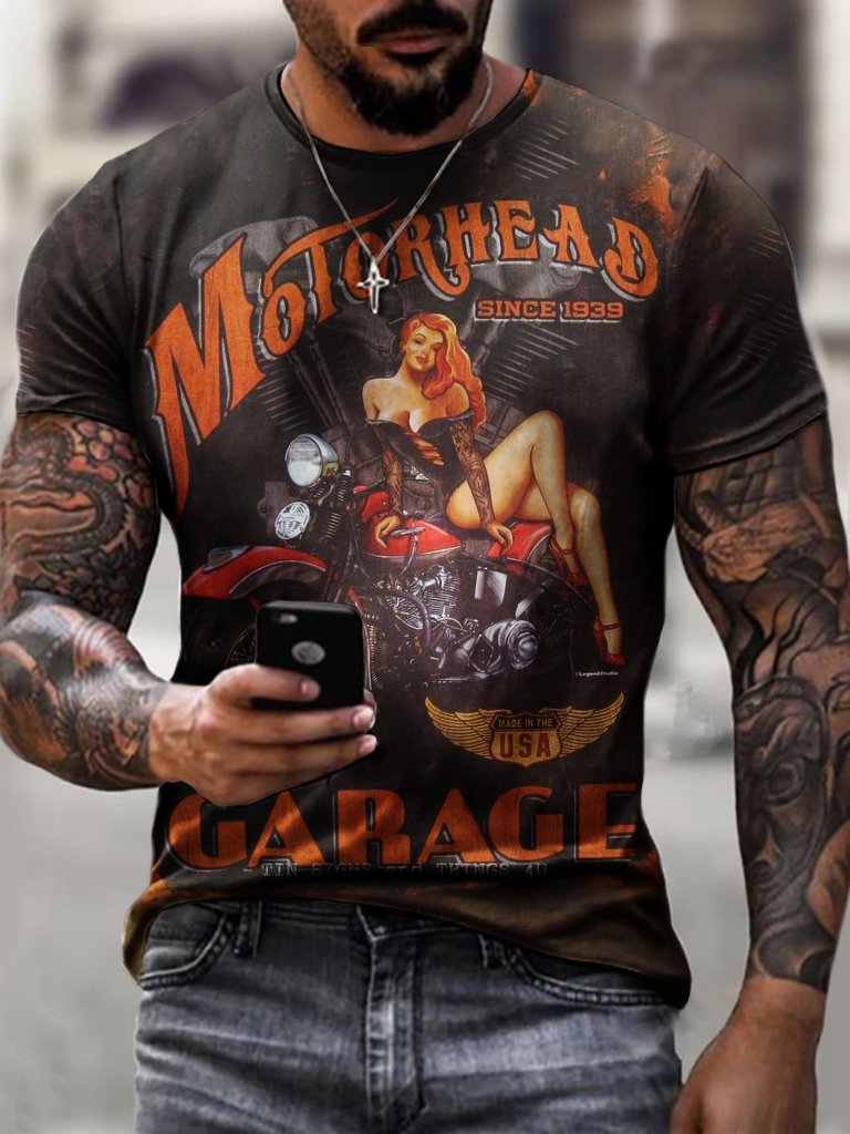 Retro beauty motorcycle print T-shirt