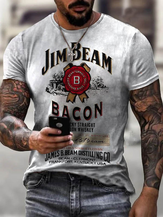Mens grey round neck casual jim beam print T-shirt