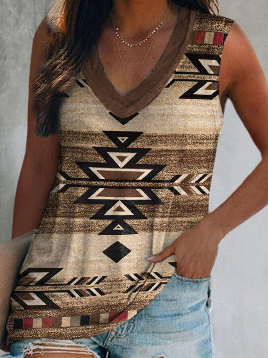 Vintage Geometric Print V-Neck T-Shirt