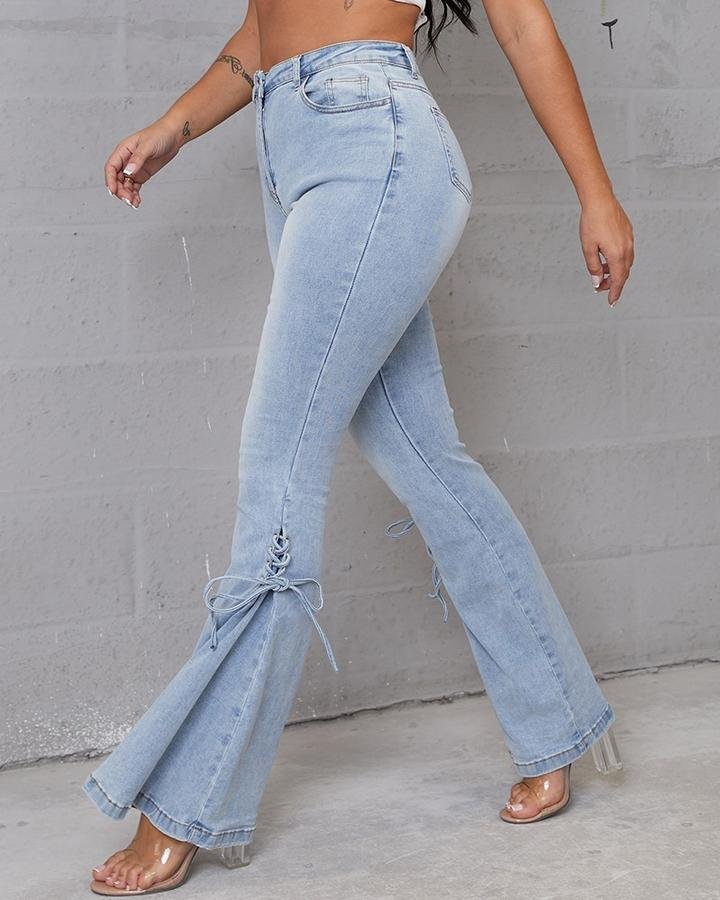 Plus Lace Up Side Pleated Flare Jeans