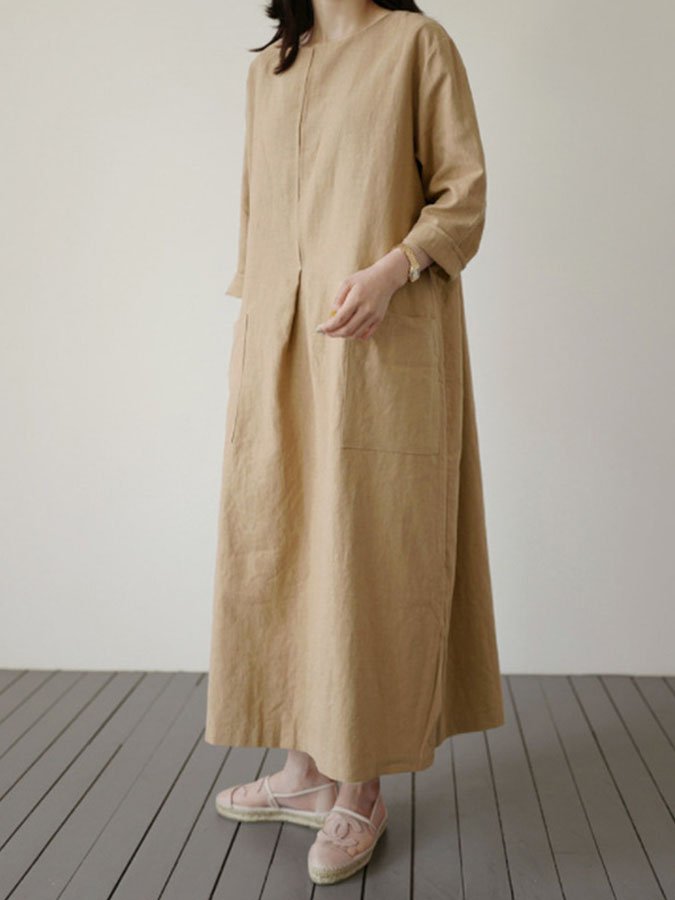 Cotton and Linen Long Sleeve Round Neck Swing Dress