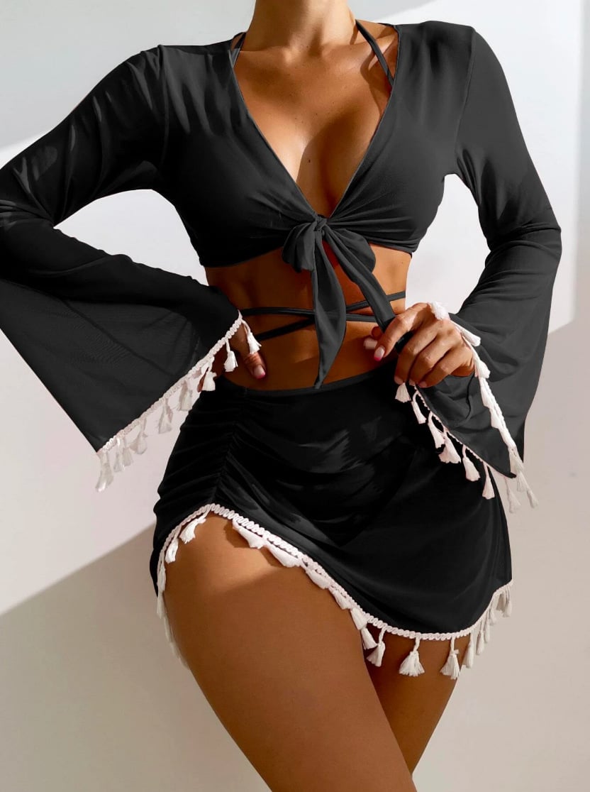 Women's Sexy Fringed Mesh Swimsuit Four-Piece Set