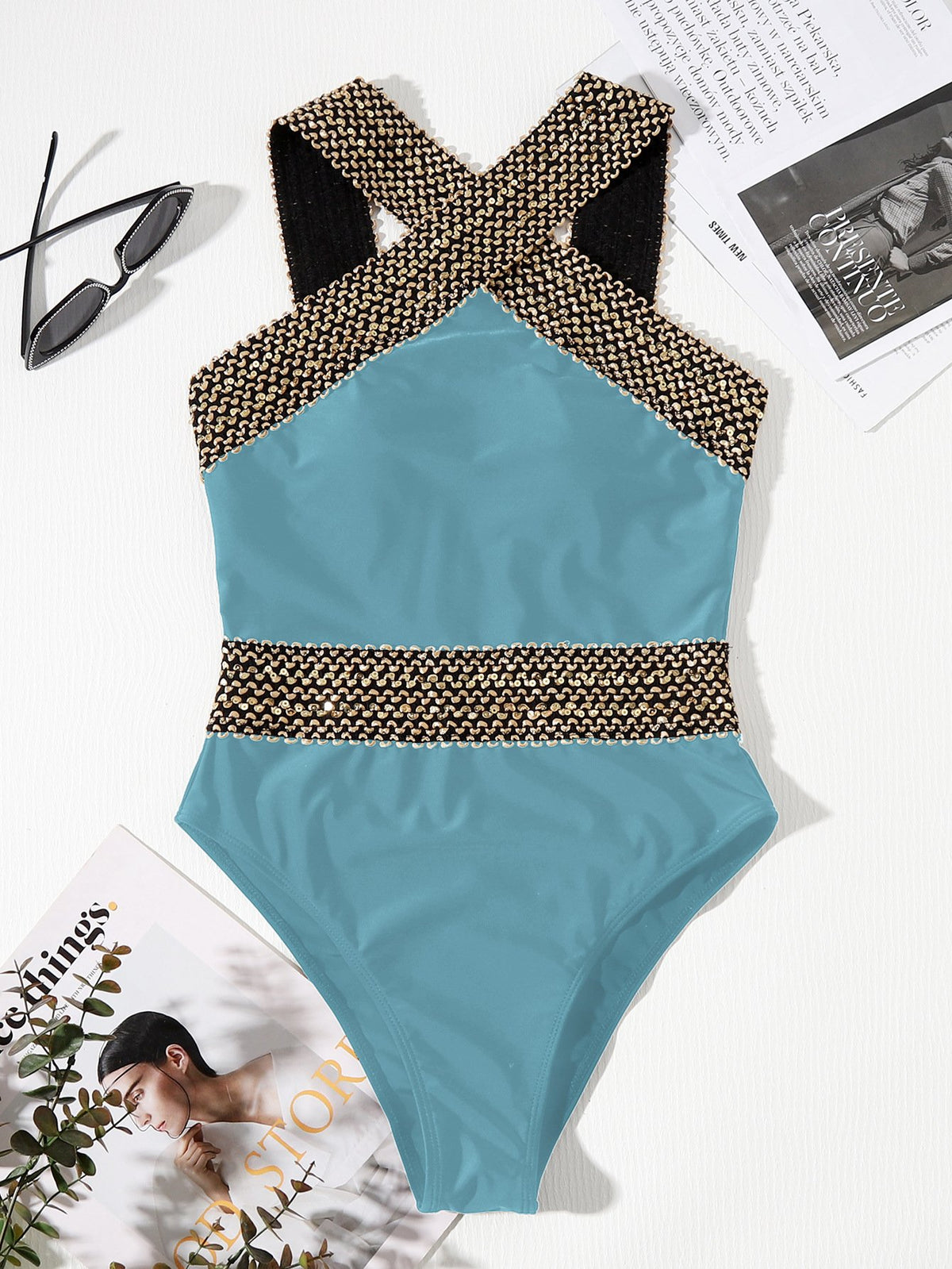 Women's Sequined Cross Neck Sexy One Piece Bikini