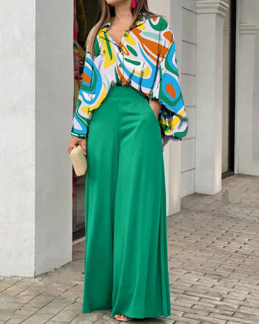 Casual Print Shirt & Wide Leg Pants Two-Piece Set