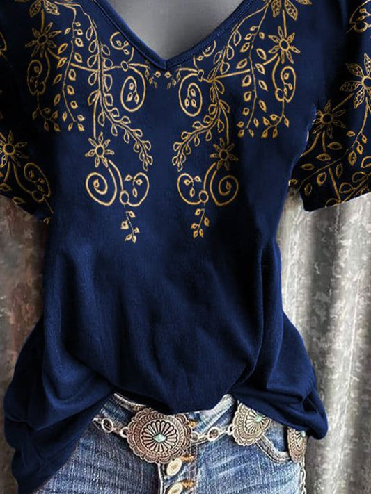 V-Neck Ethnic Floral Print T-Shirt