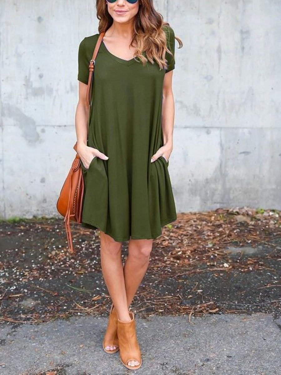 V-Neck Solid Color Dress