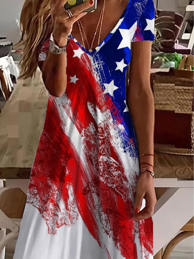 Casual Printed V neck Short Sleeve Knit Dress