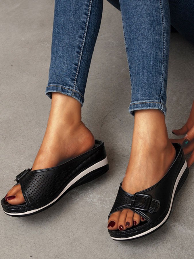 Casual Belt Buckle Fish Mouth Slippers