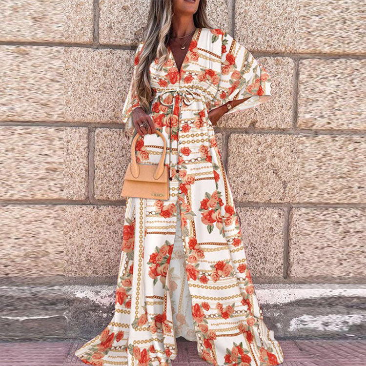 Digital Print V-neck Smocked Split Floor Length Dress