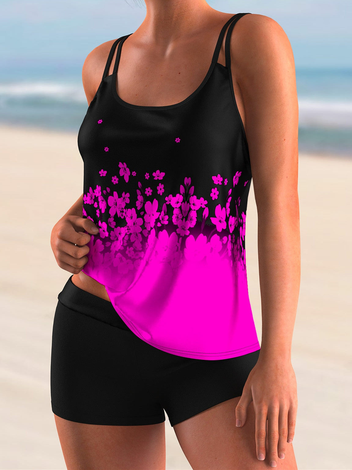 Blue Ombre Floral Print Tankini Set